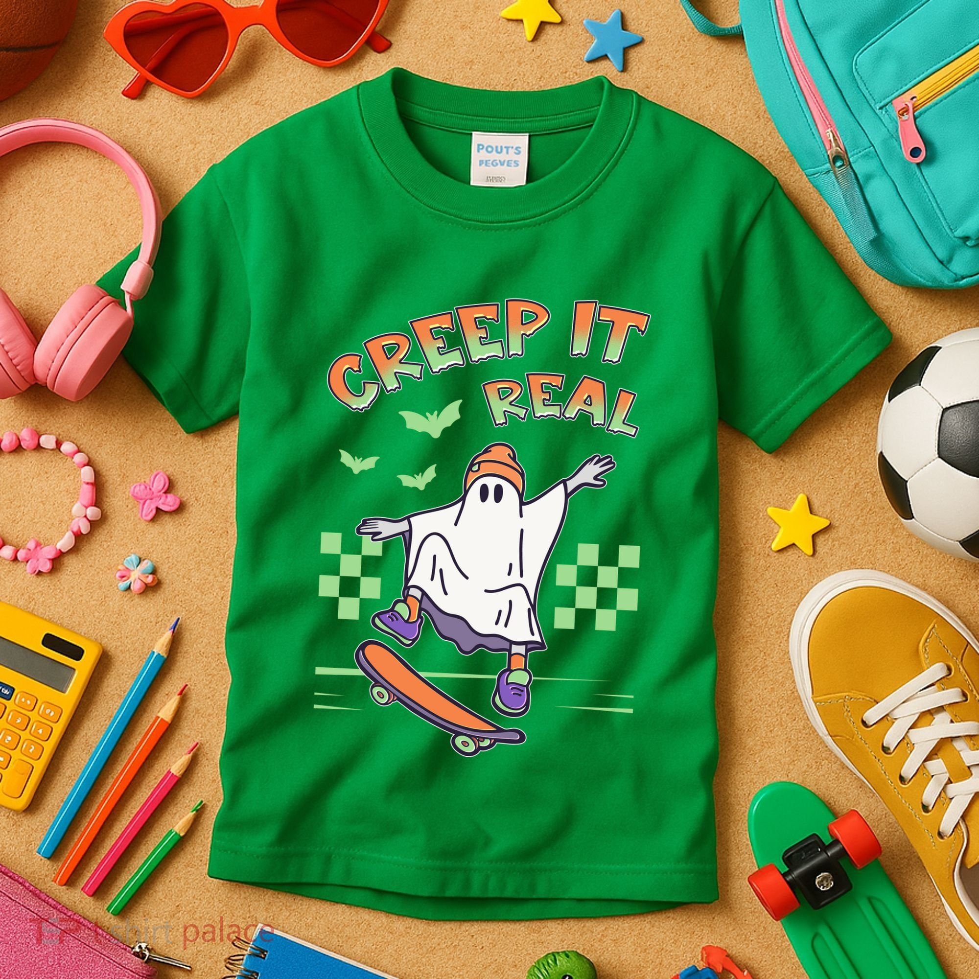 Funny Halloween Creep It Real Skater Skateboarding Ghost Kids T-Shirt