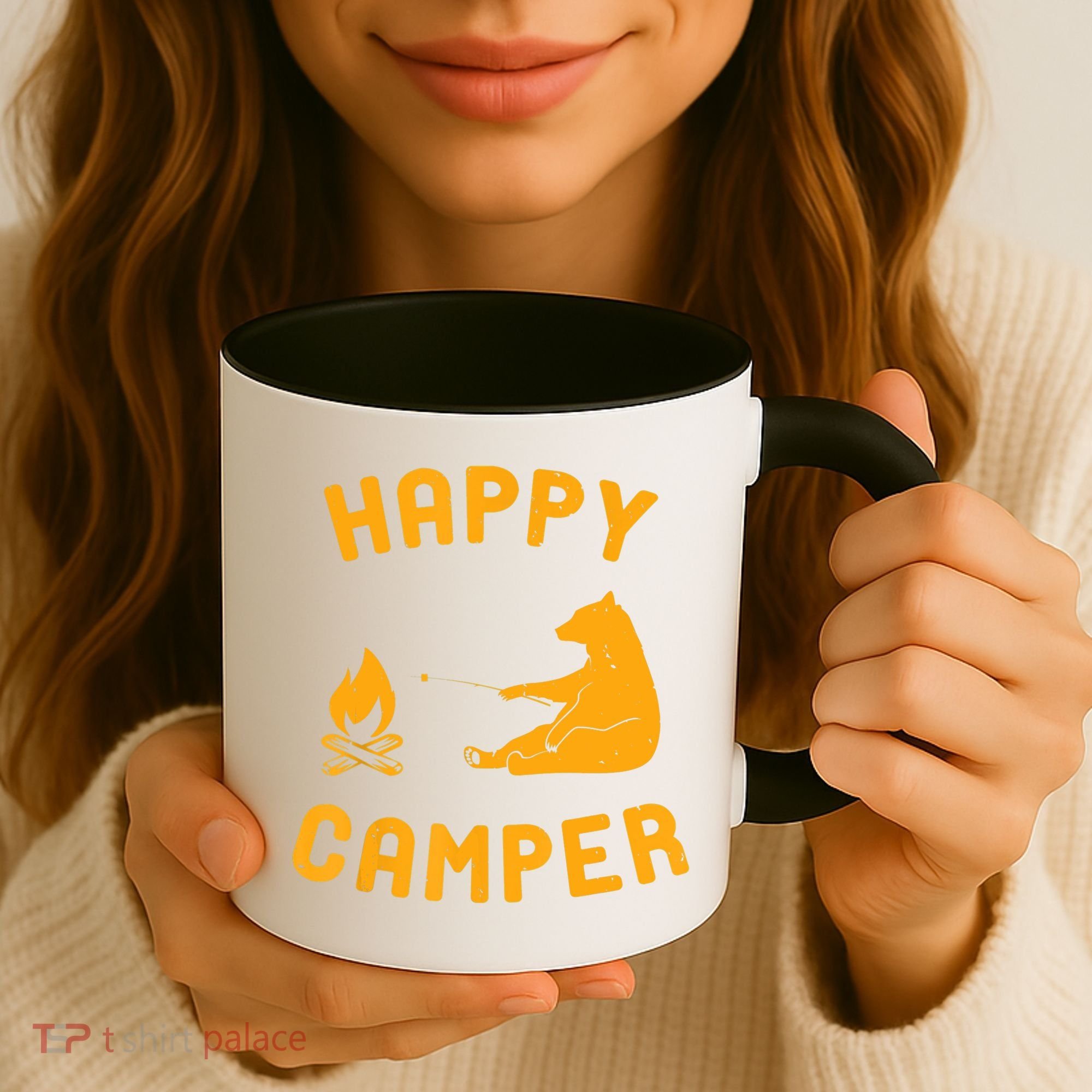 Funny Happy Camper Gift With Bear And Bonfire Gift Coffee Mug