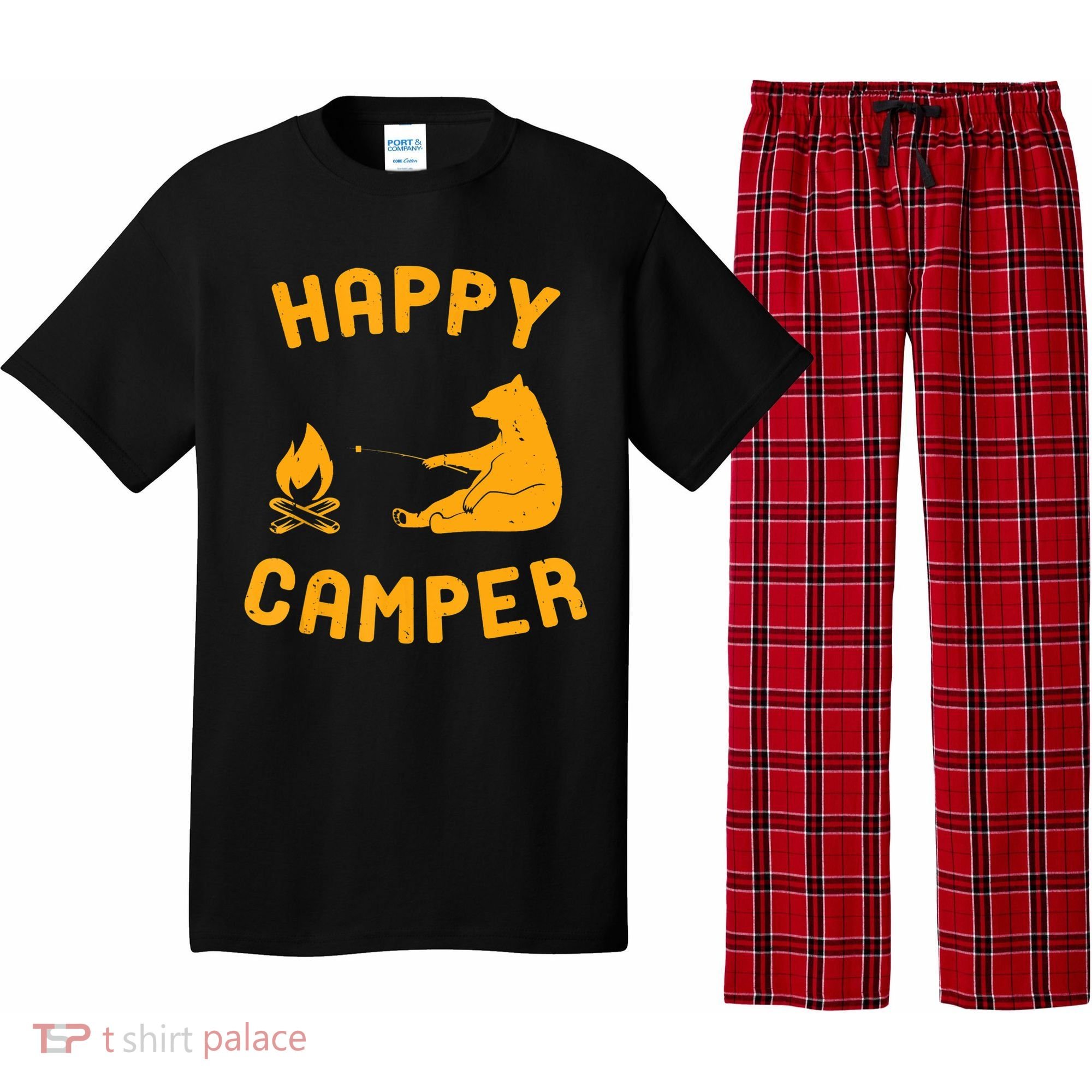 Funny Happy Camper Gift With Bear And Bonfire Gift Pajama Set
