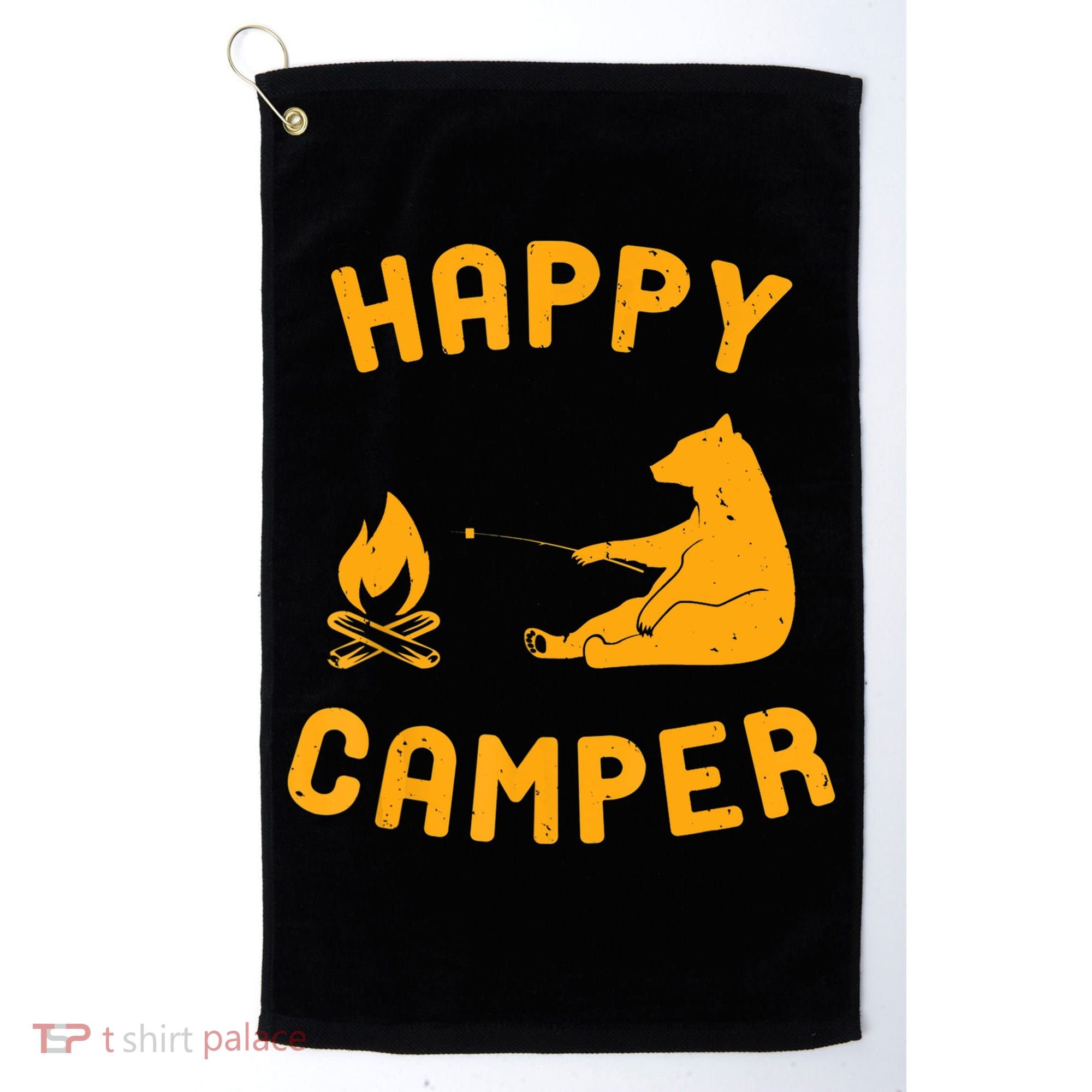 Funny Happy Camper Gift With Bear And Bonfire Gift Golf Towel