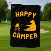 Funny Happy Camper Gift With Bear And Bonfire Gift Golf Towel thumb 1