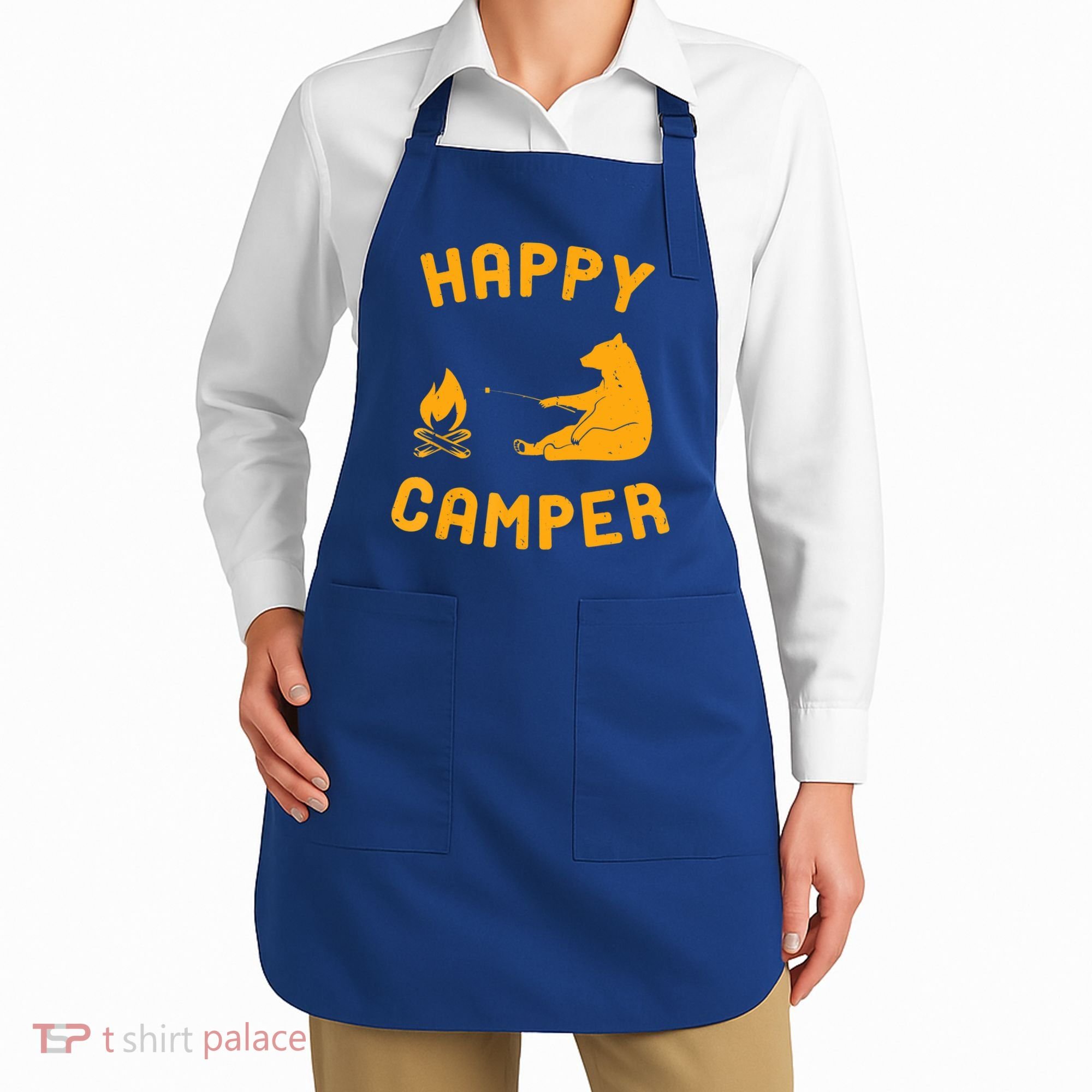 Funny Happy Camper Gift With Bear And Bonfire Gift Apron