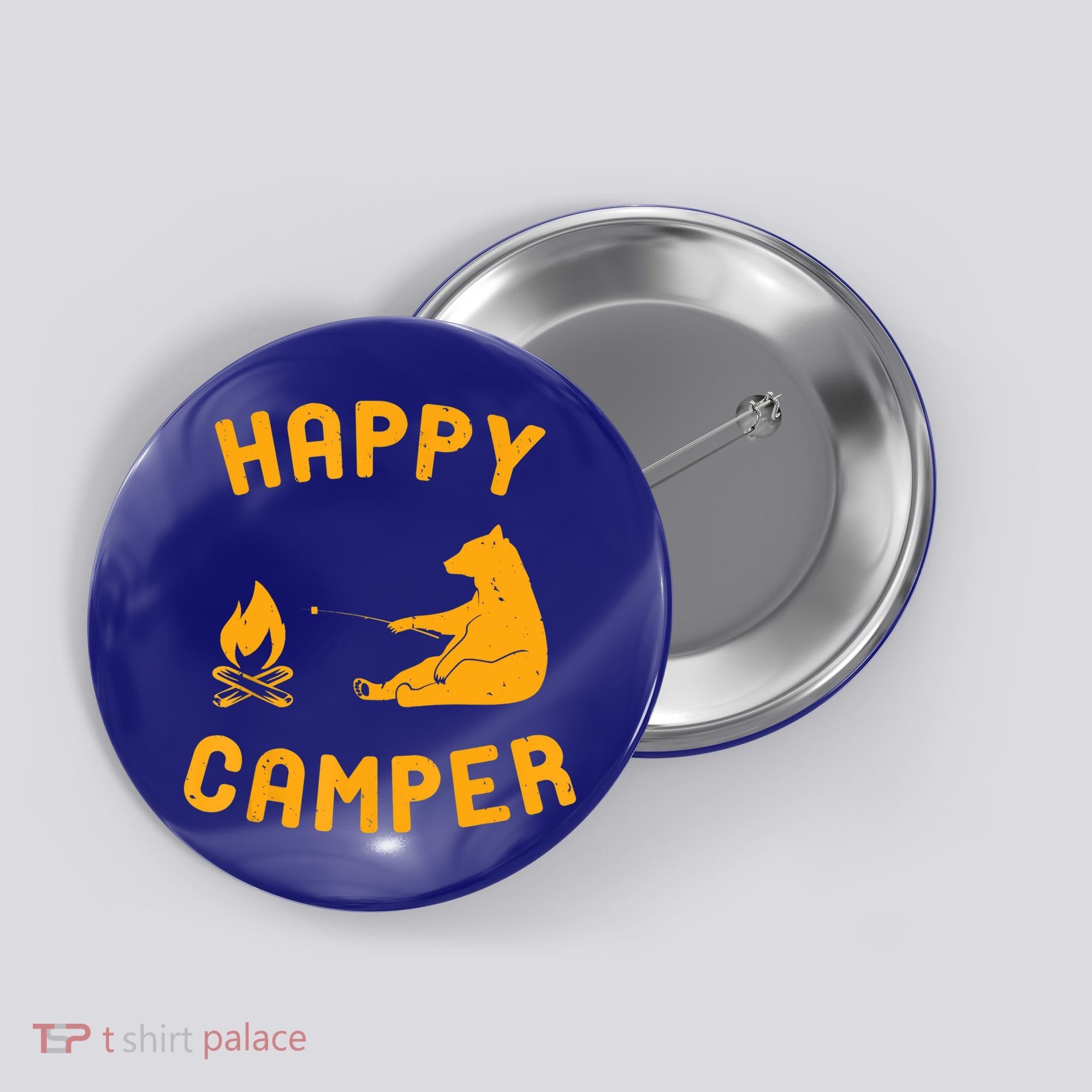 Funny Happy Camper Gift With Bear And Bonfire Gift Button