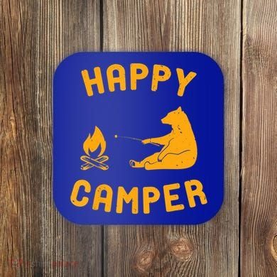 Funny Happy Camper Gift With Bear And Bonfire Gift Coaster