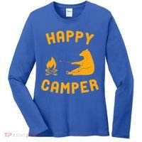 Funny Happy Camper Gift With Bear And Bonfire Gift Women's Long Sleeve Shirt thumb 0