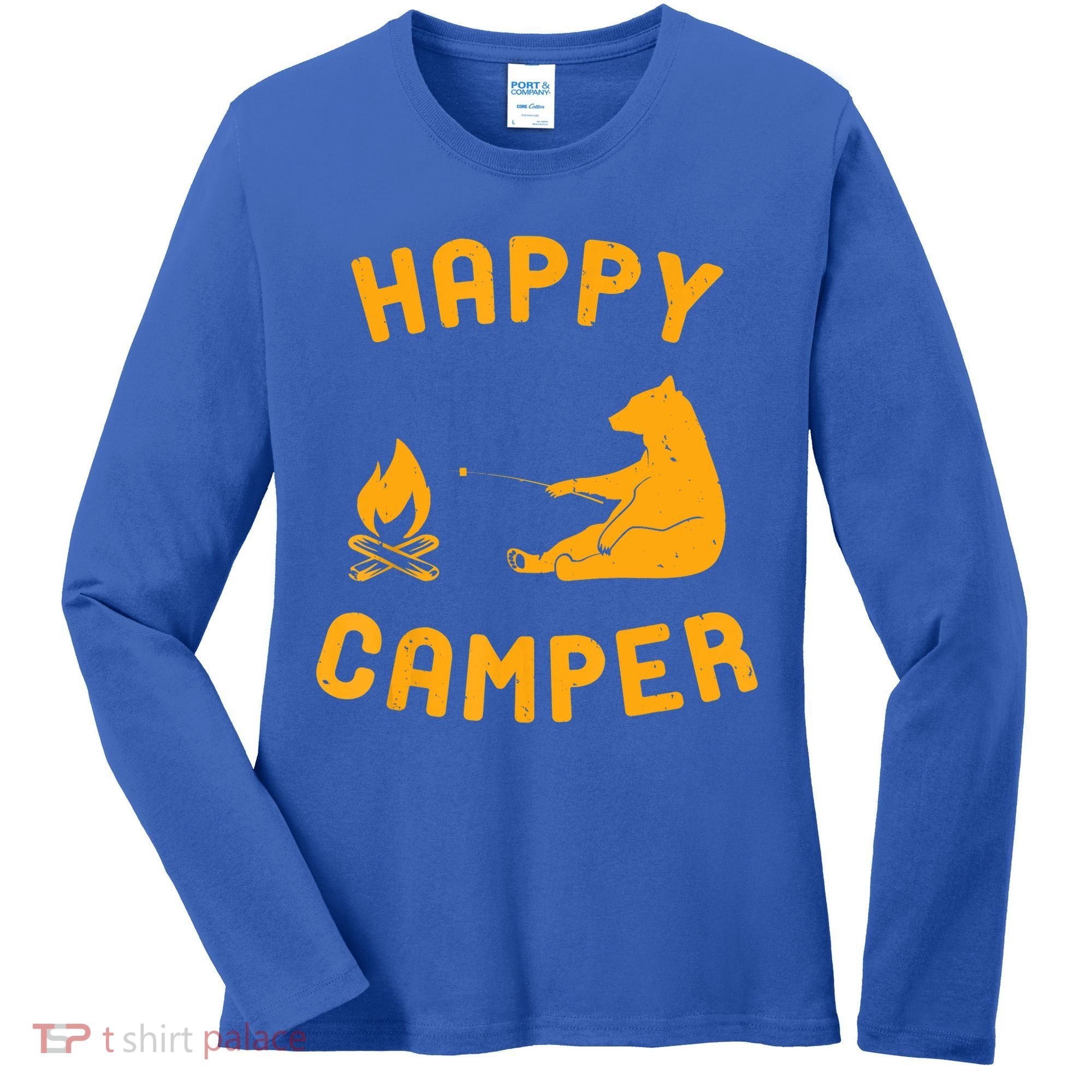 Funny Happy Camper Gift With Bear And Bonfire Gift Women's Long Sleeve Shirt