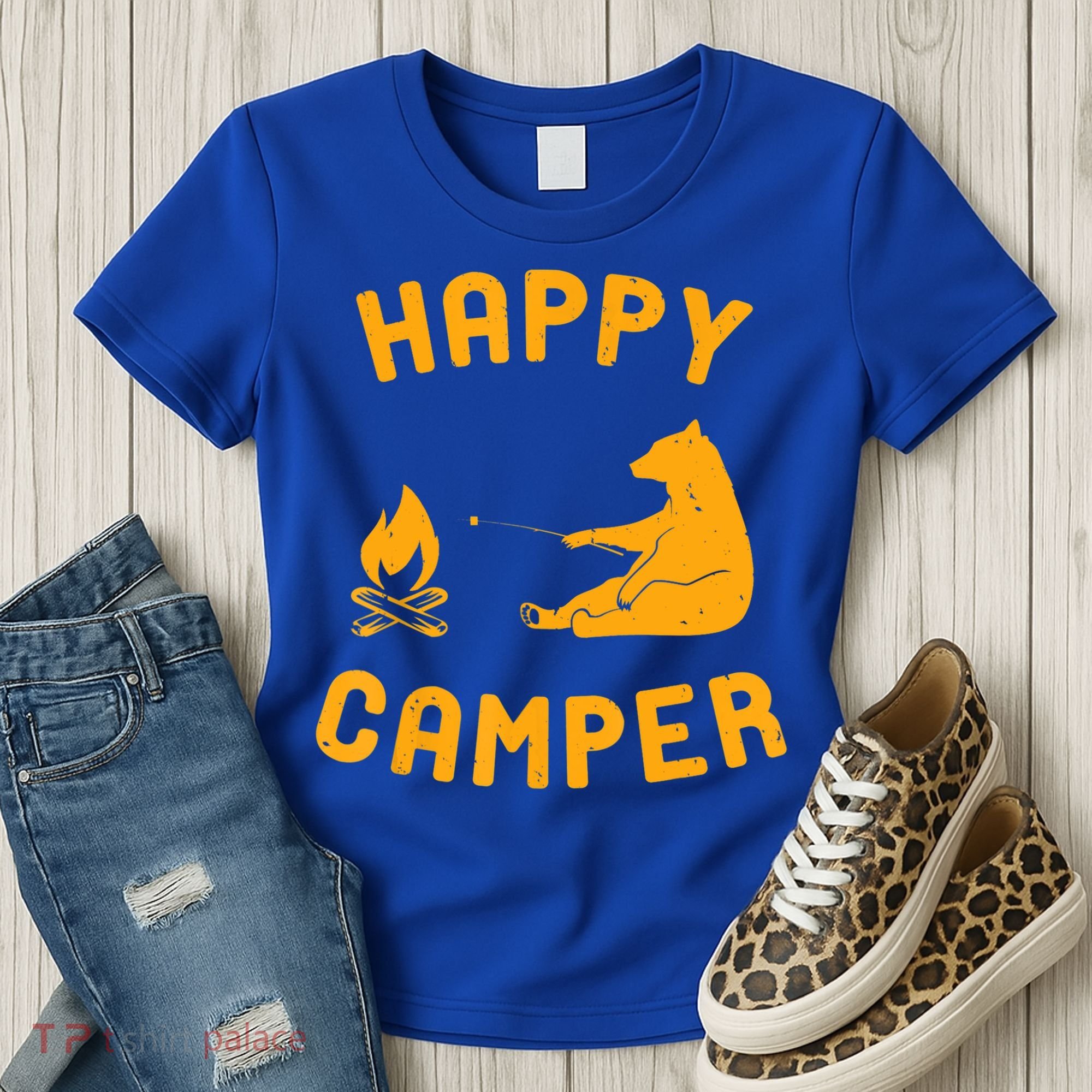 Funny Happy Camper Gift With Bear And Bonfire Gift Women's T-Shirt