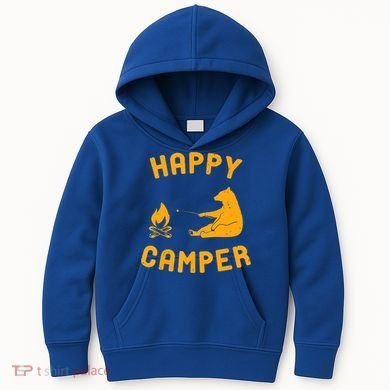 Funny Happy Camper Gift With Bear And Bonfire Gift Kids Hoodie