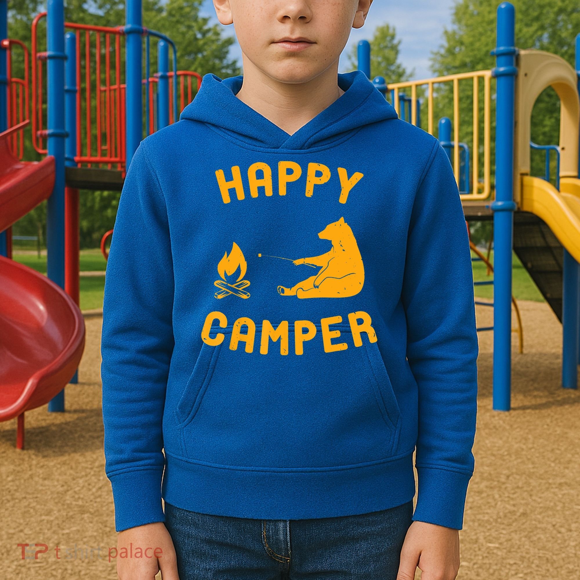 Funny Happy Camper Gift With Bear And Bonfire Gift Kids Hoodie
