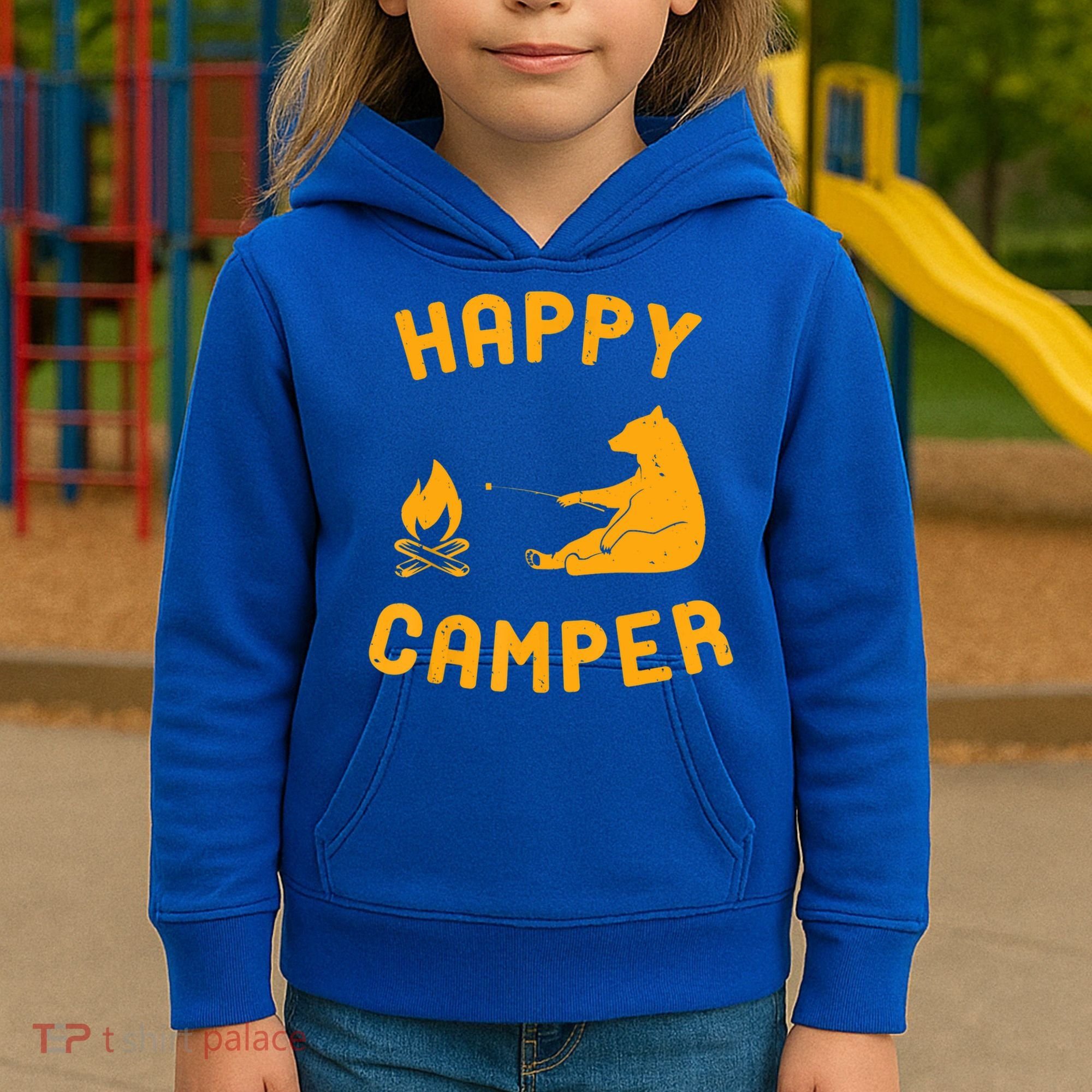 Funny Happy Camper Gift With Bear And Bonfire Gift Kids Hoodie
