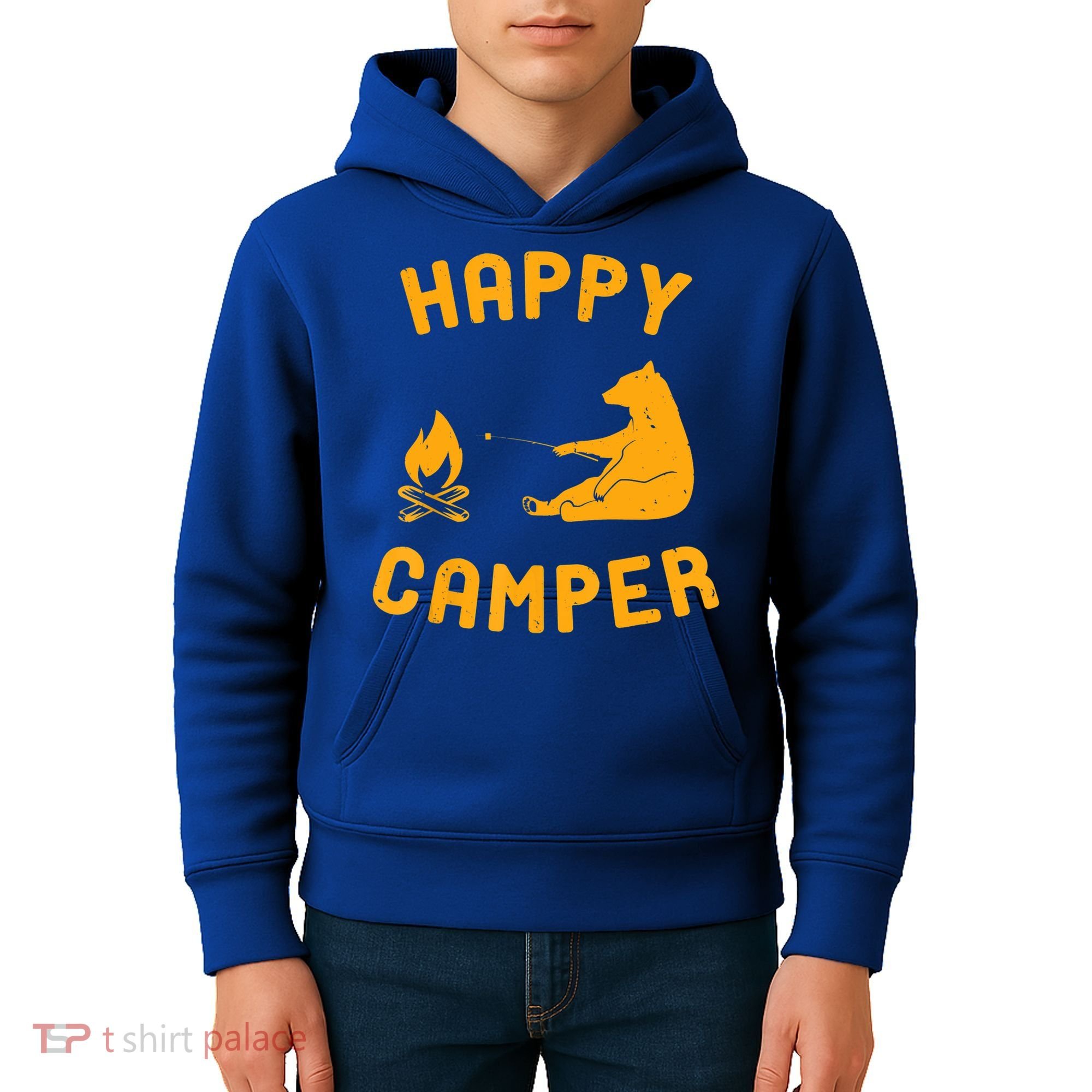 Funny Happy Camper Gift With Bear And Bonfire Gift Kids Hoodie