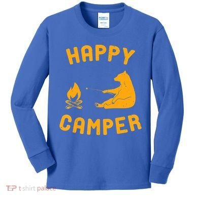 Funny Happy Camper Gift With Bear And Bonfire Gift Kids Long Sleeve Shirt