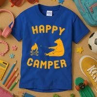 Funny Happy Camper Gift With Bear And Bonfire Gift Kids T-Shirt thumb 3