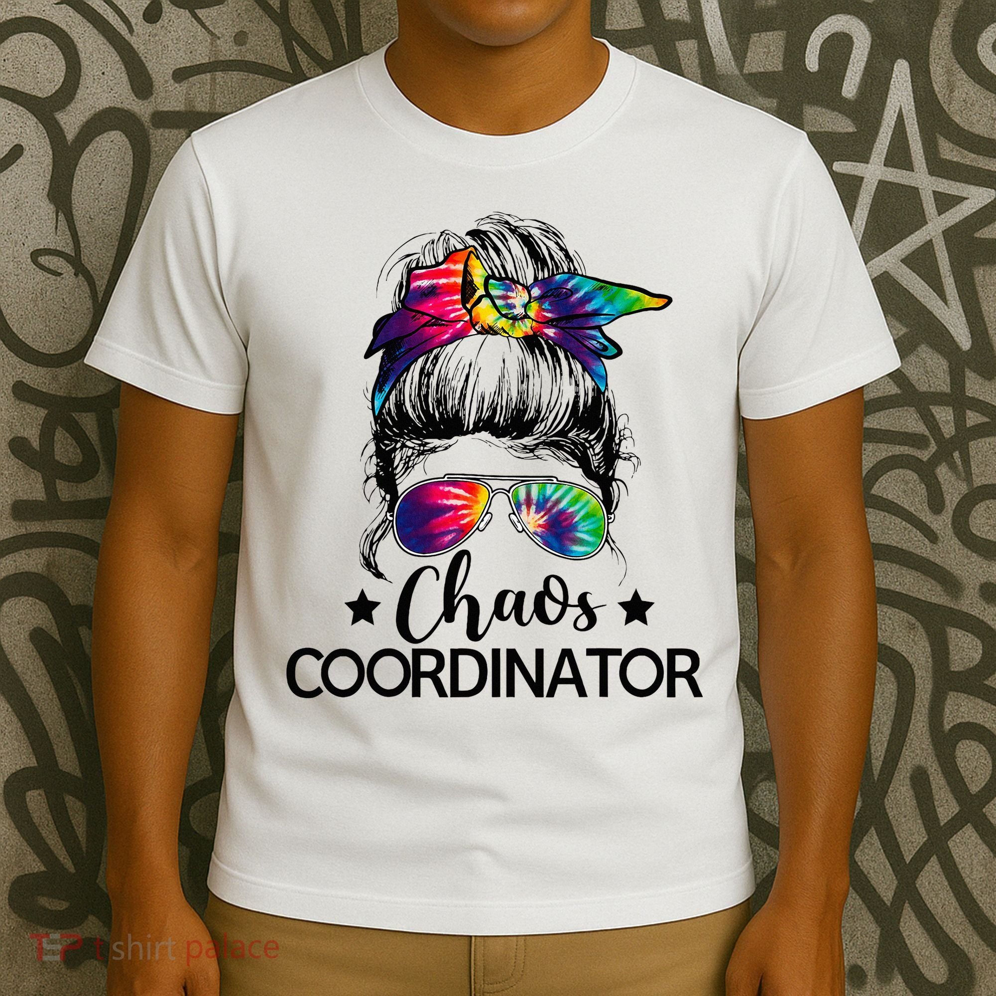 Funny Humor Chaos Coordinator Messy Bun Teachers Boss Women T-Shirt