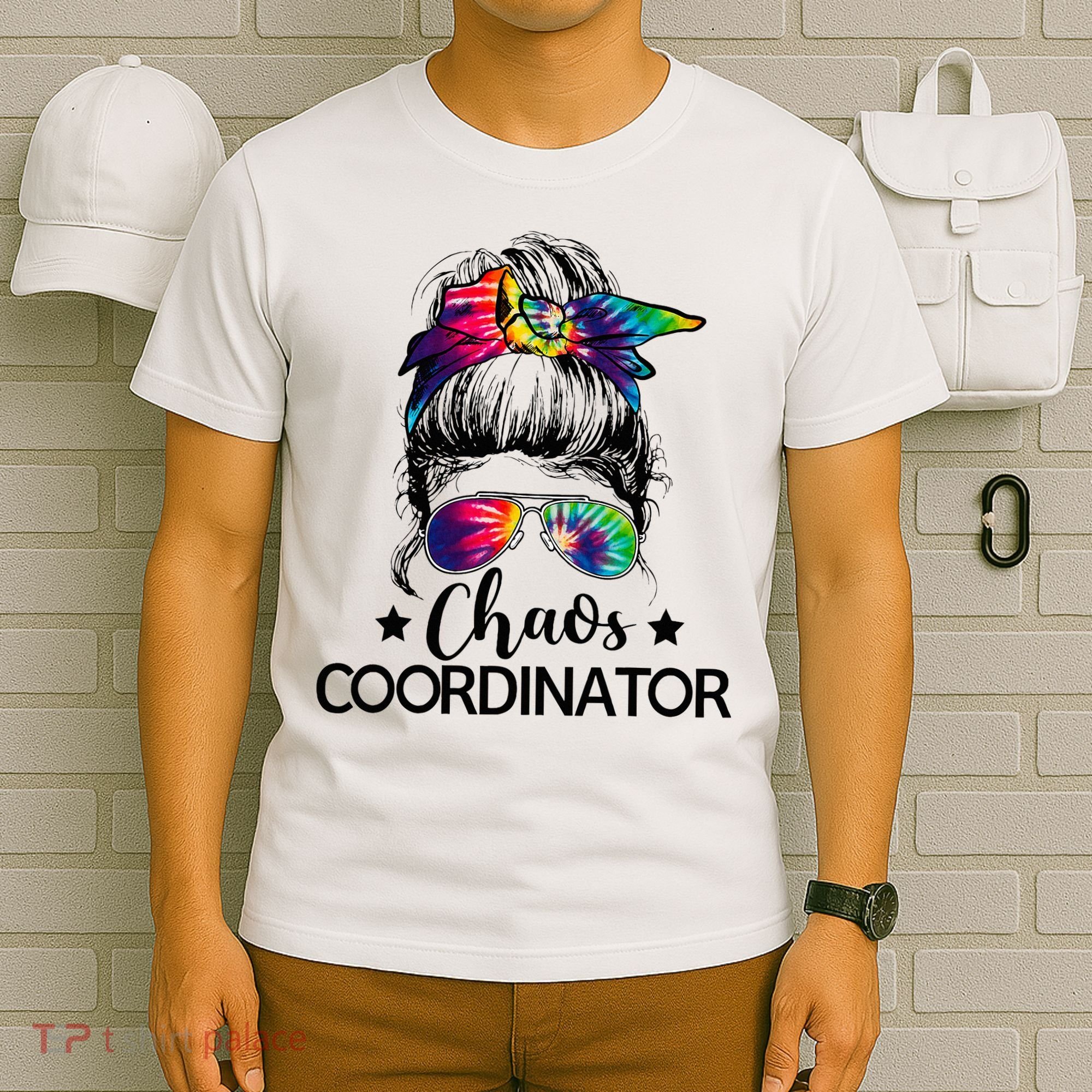 Funny Humor Chaos Coordinator Messy Bun Teachers Boss Women T-Shirt