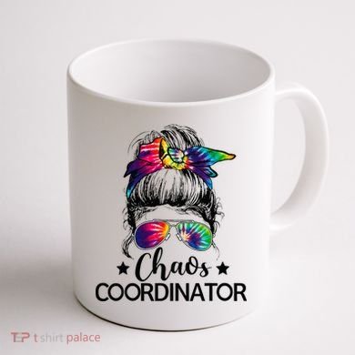 Funny Humor Chaos Coordinator Messy Bun Teachers Boss Women Coffee Mug back