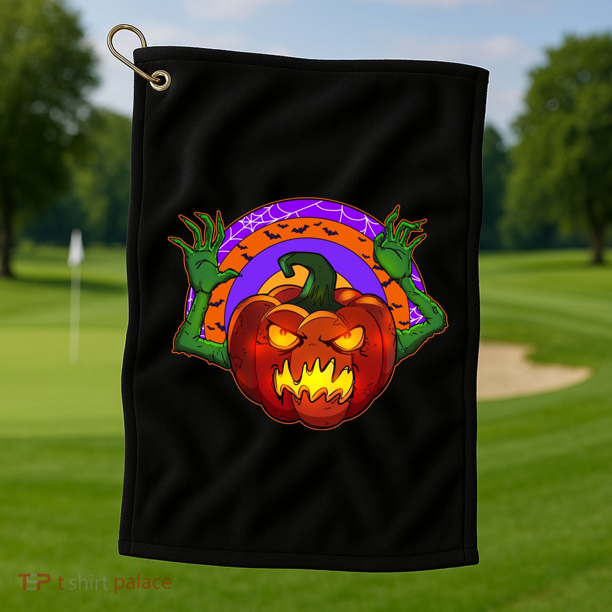 Funny Halloween Creepy Jackolantern Pumpkin Golf Towel
