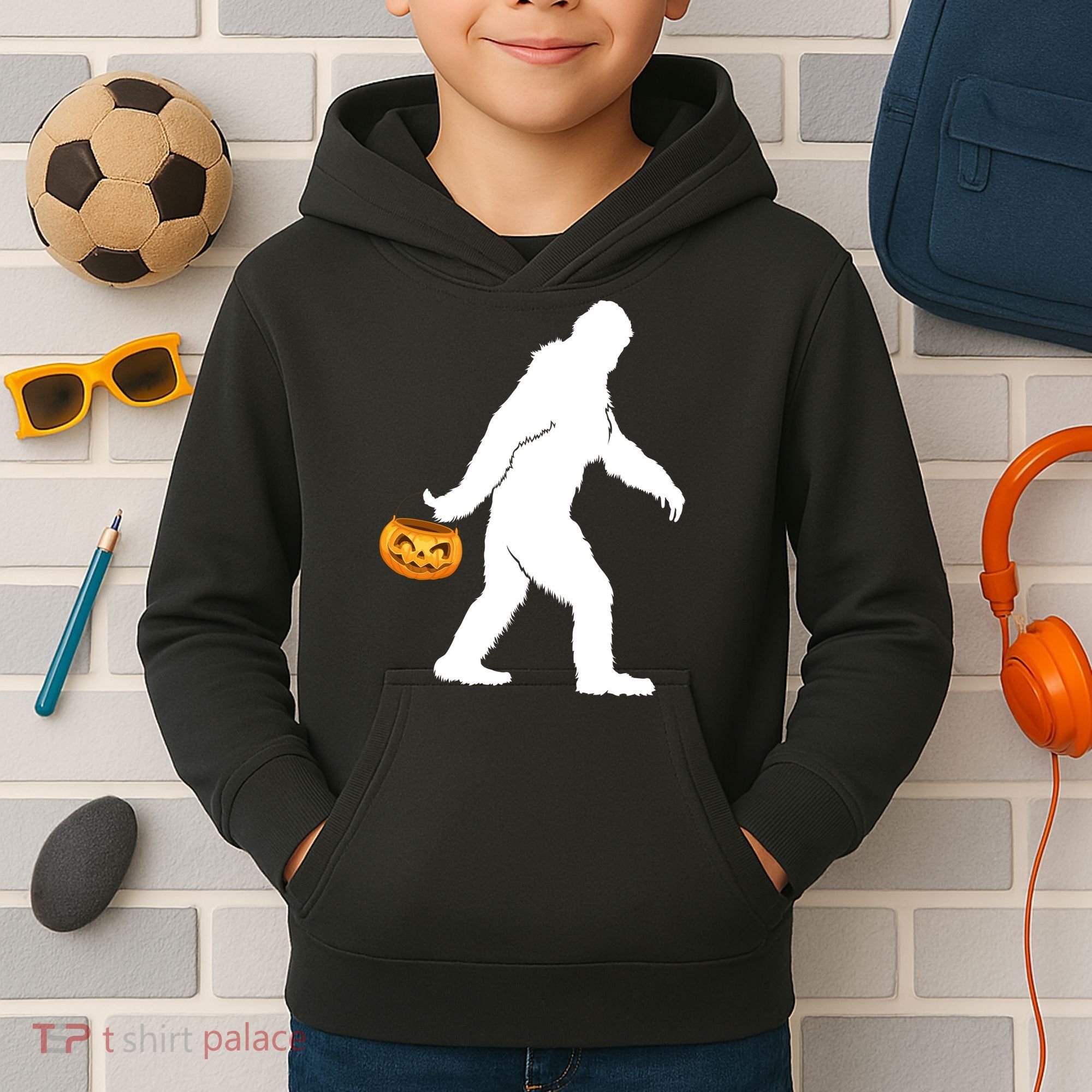 Funny Halloween, Cute Halloween, Bigfoot Sasquatch Halloween Pumpkin Kids Hoodie
