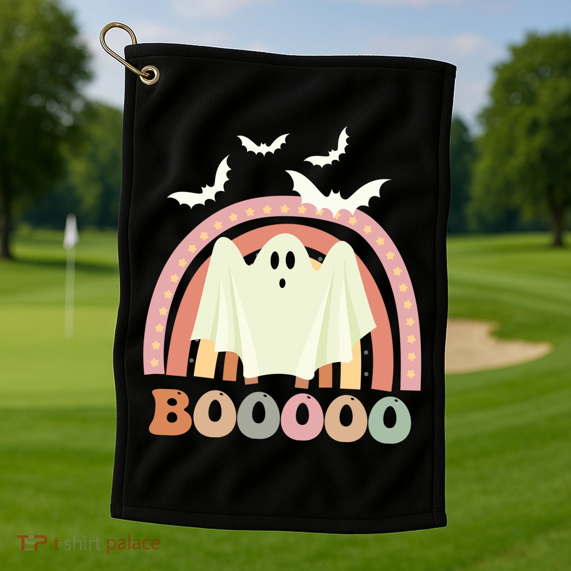 Funny Halloween Cute Ghost Retro Rainbow Spooky Golf Towel