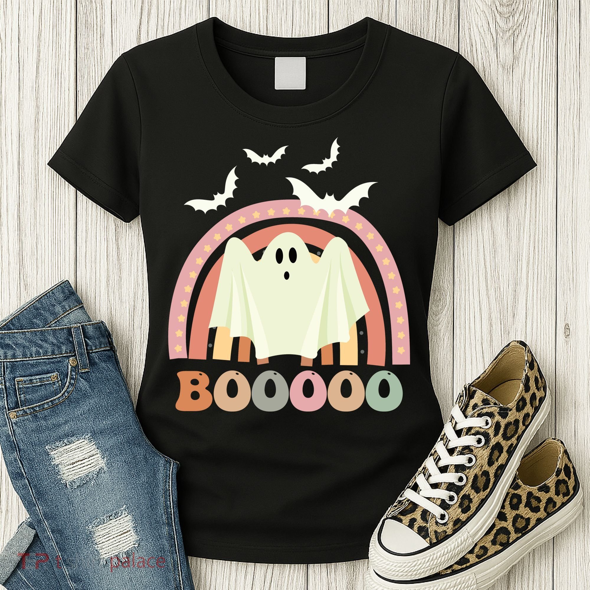 Funny Halloween Cute Ghost Retro Rainbow Spooky Women's T-Shirt