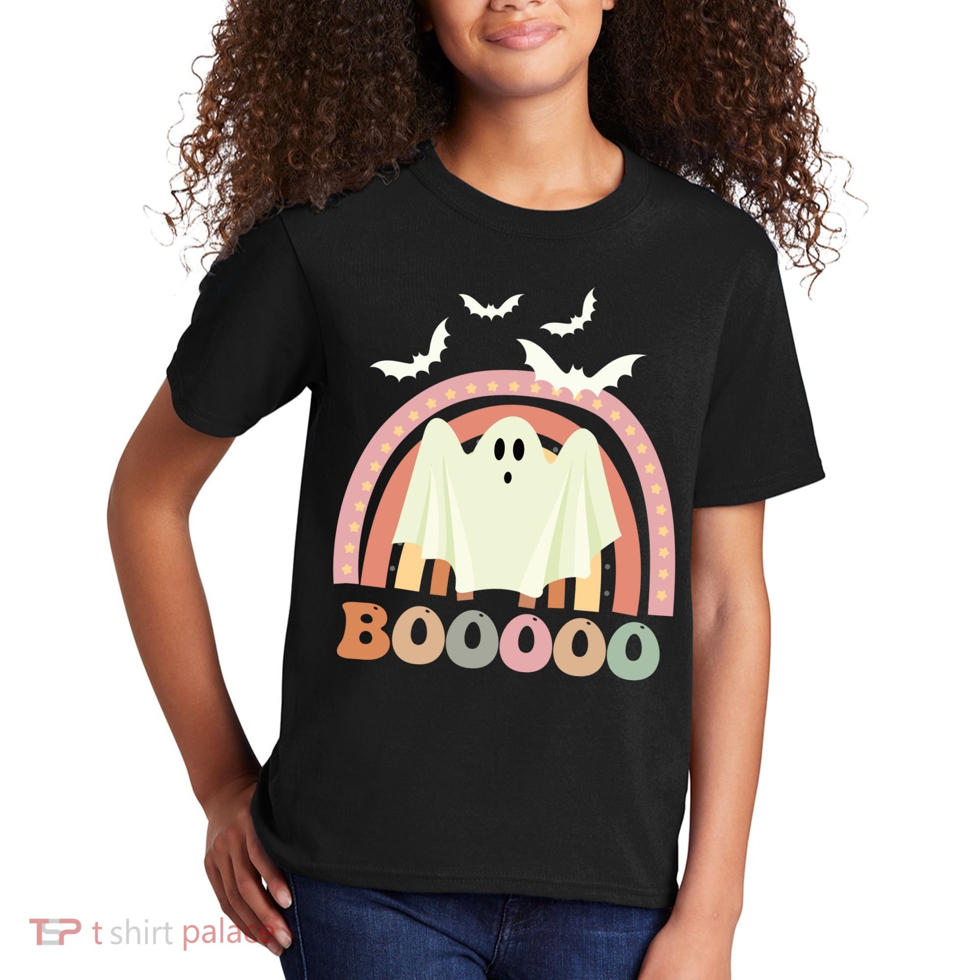 Funny Halloween Cute Ghost Retro Rainbow Spooky Kids T-Shirt