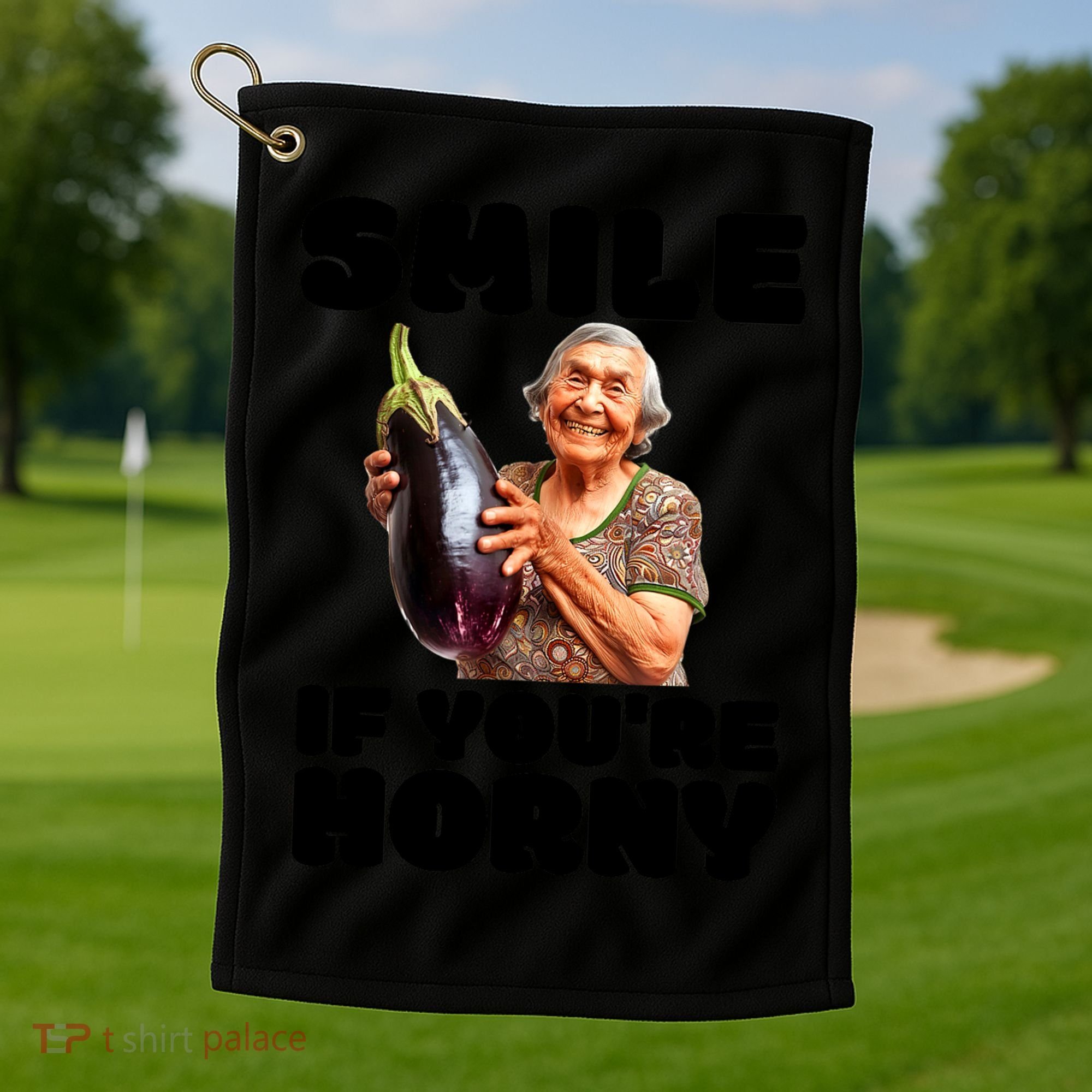 Funny Horny Eggplant Old Lady Inappropriate Embarrassing Golf Towel