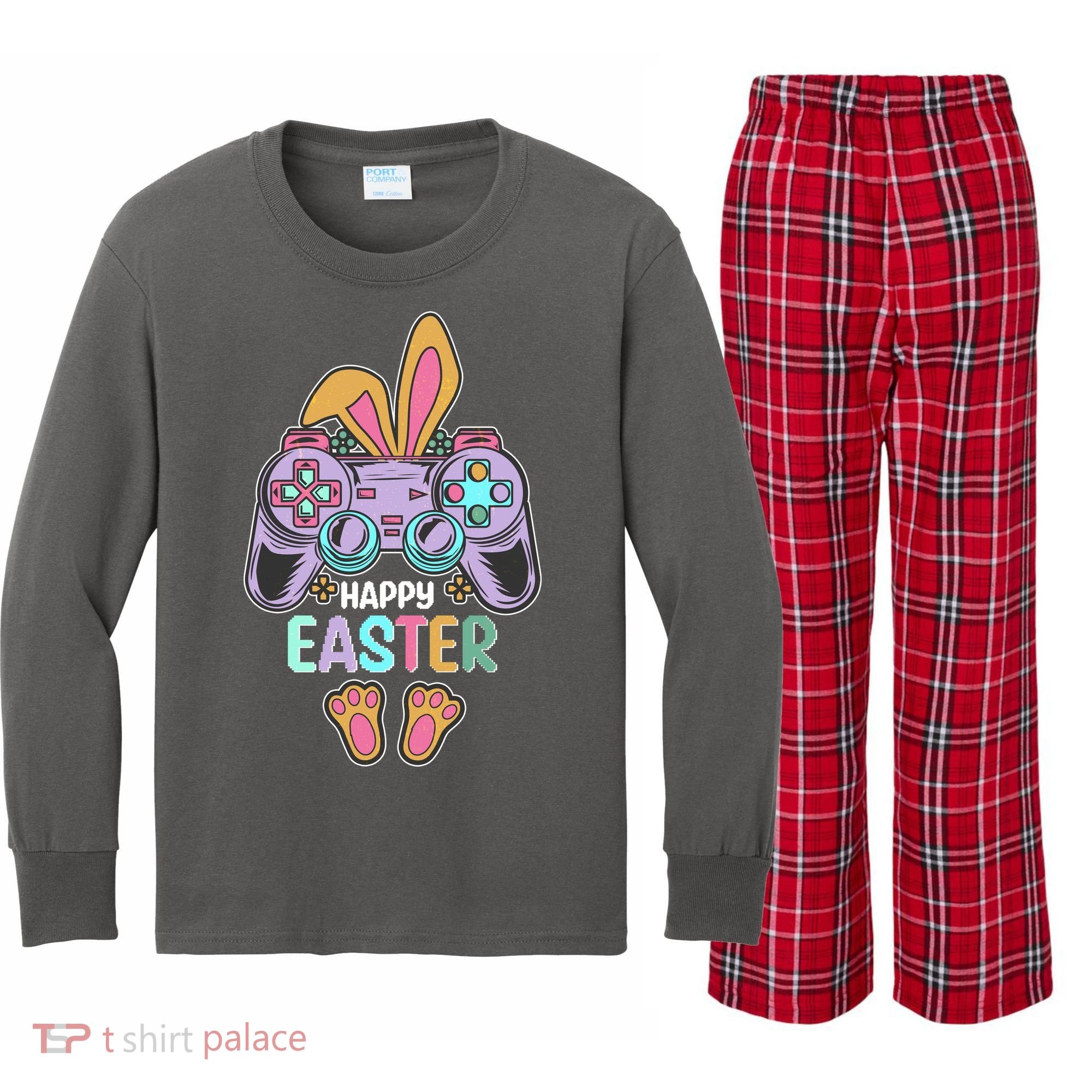 Funny Happy Easter Gamer Bunny Rabbit Controller Kids Long Sleeve Plaid Pajama Set