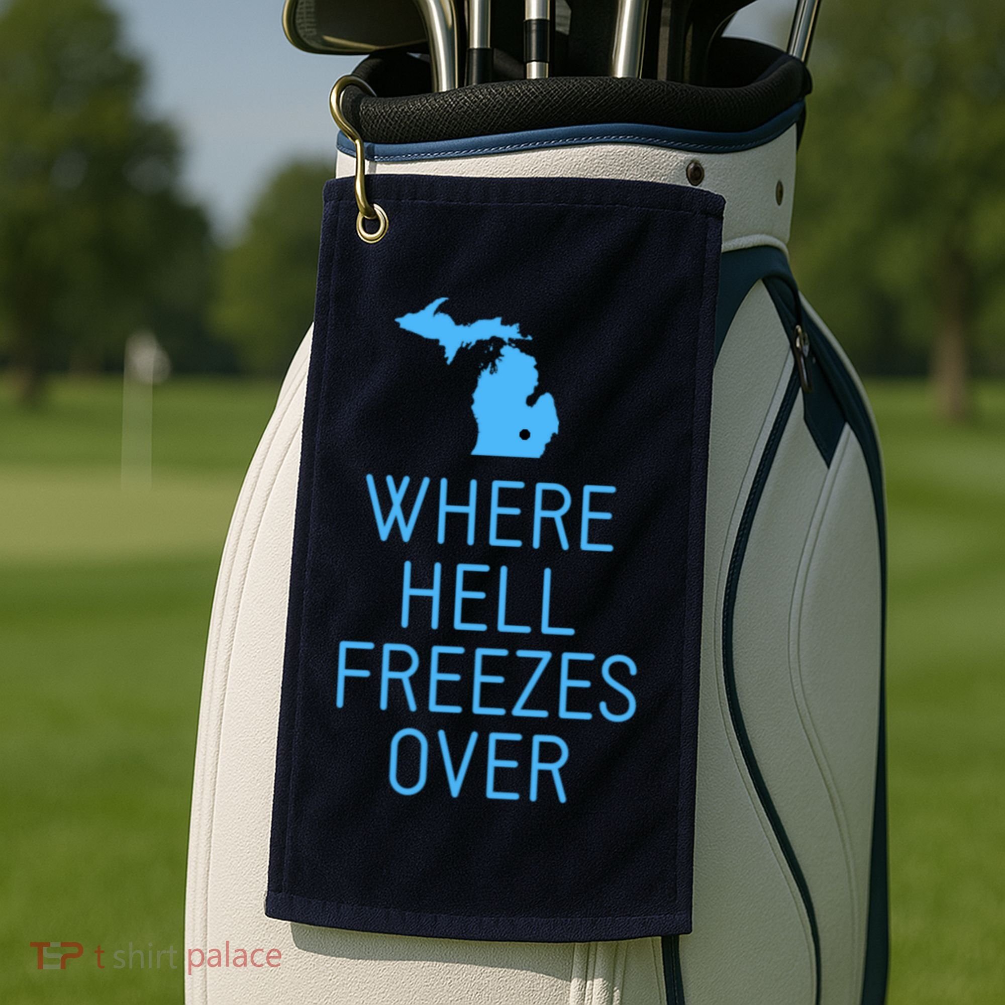 Funny Hell Freezes Michigan Michigander Great Lakes Map Gift Golf Towel