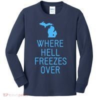 Funny Hell Freezes Michigan Michigander Great Lakes Map Gift Kids Long Sleeve Shirt thumb 0