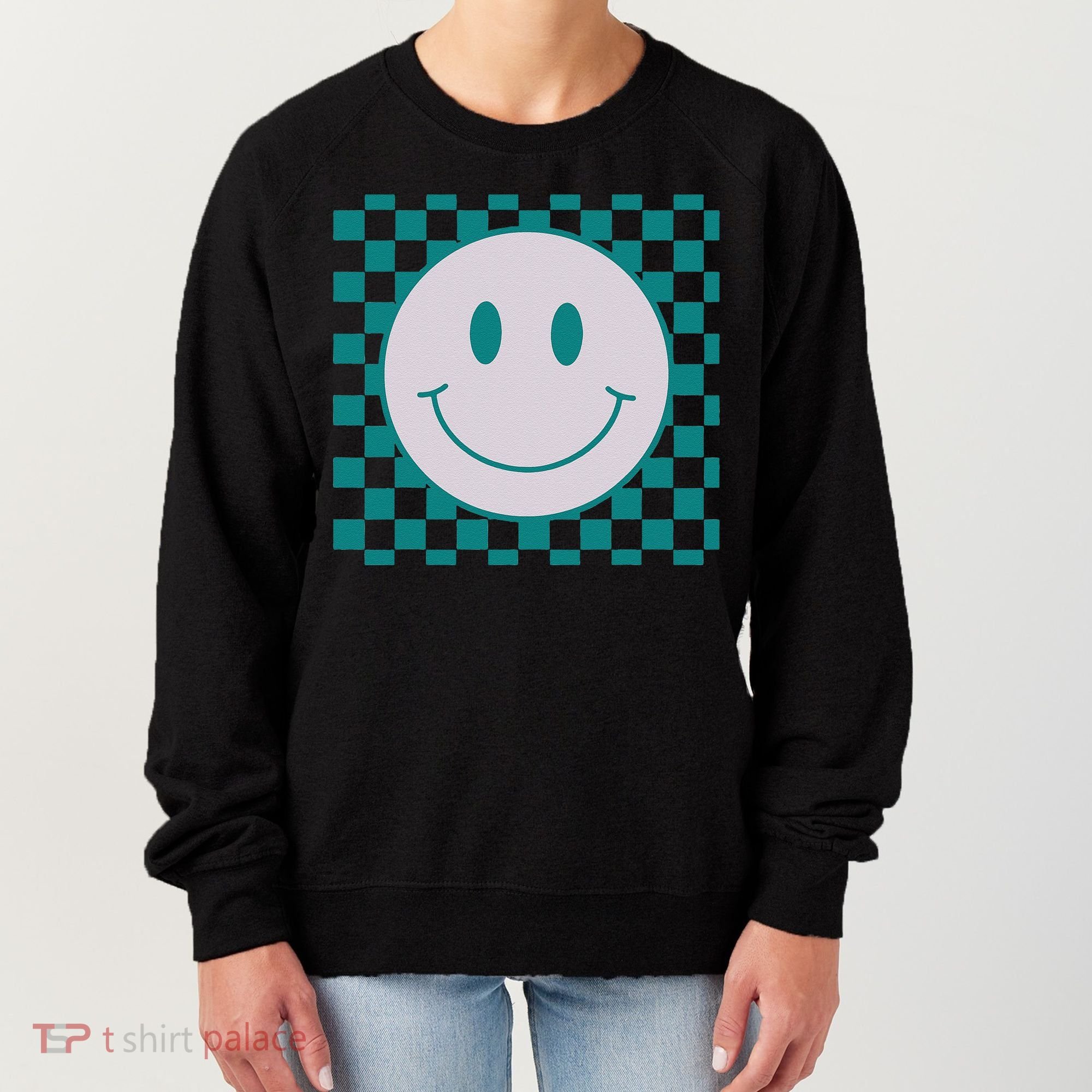 Funny Happy Face Checkered Pattern Smile Face Meme Women's Sweatshirt