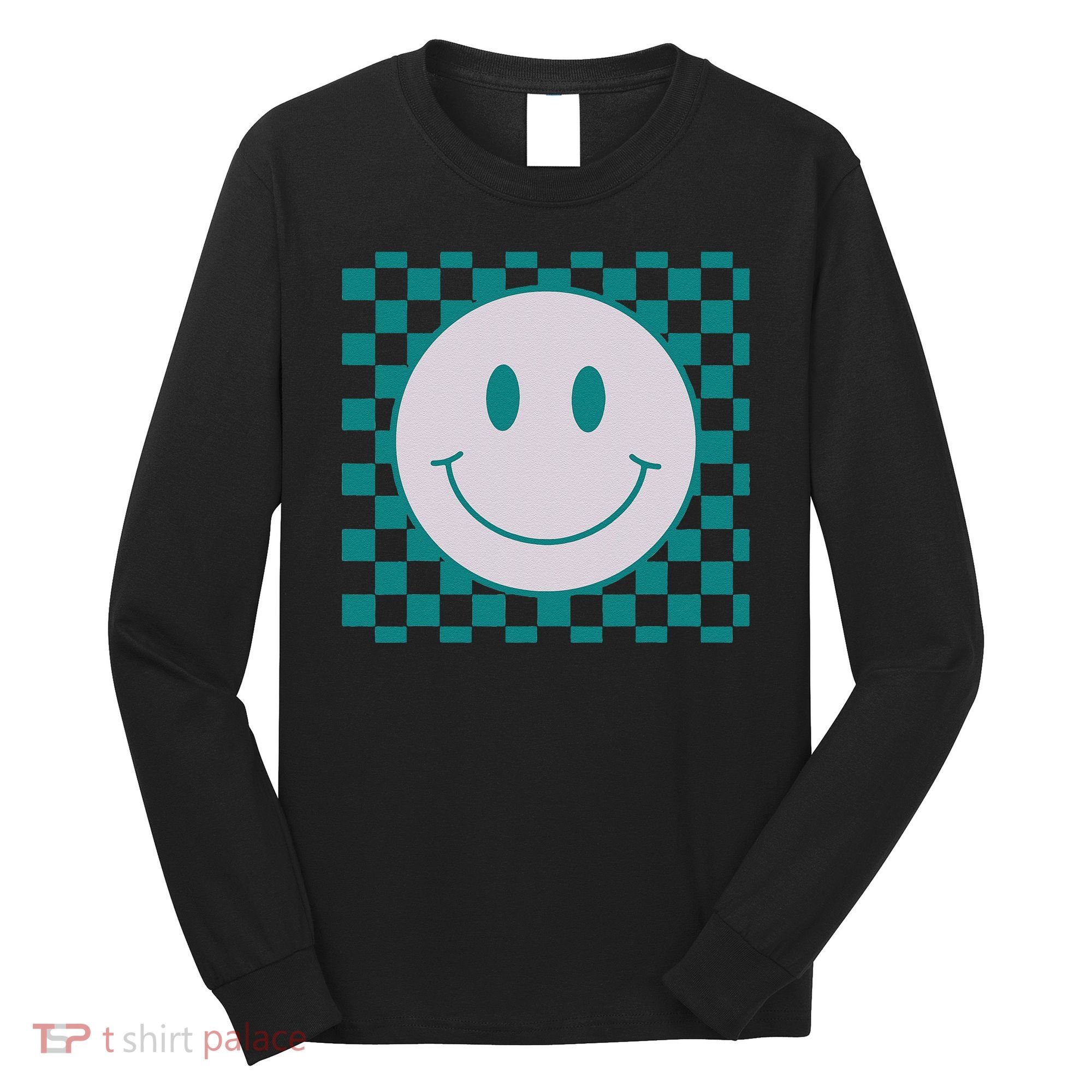 Funny Happy Face Checkered Pattern Smile Face Meme Long Sleeve Shirt
