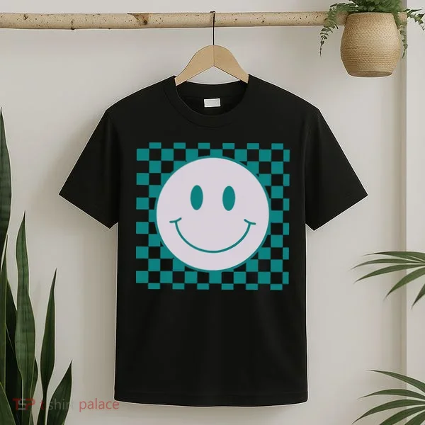 Funny Happy Face Checkered Pattern Smile Face Meme T-Shirt