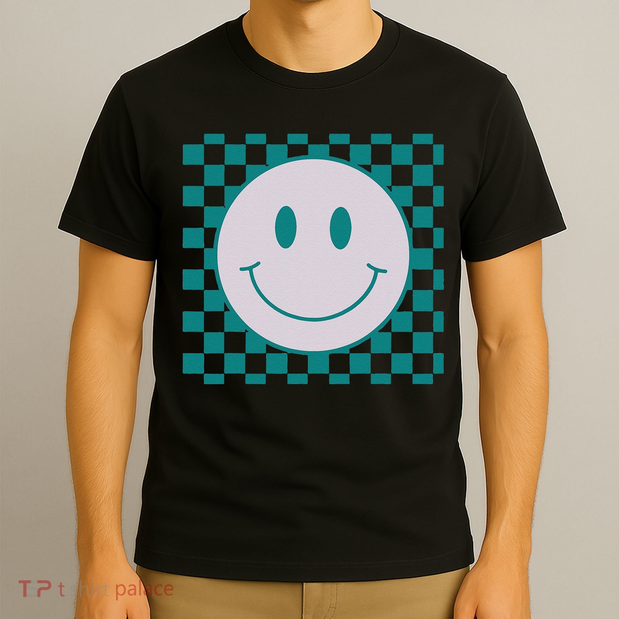 Funny Happy Face Checkered Pattern Smile Face Meme T-Shirt