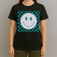 Funny Happy Face Checkered Pattern Smile Face Meme T-Shirt thumb 4