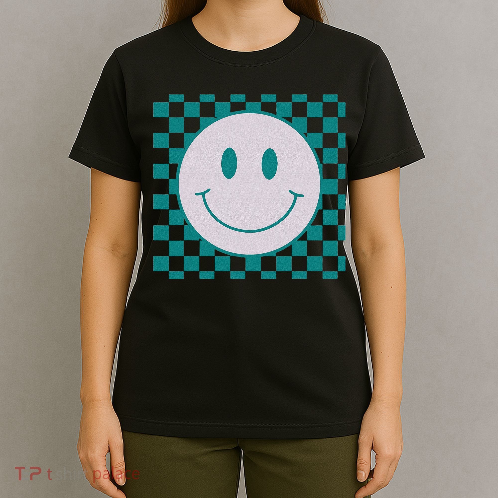 Funny Happy Face Checkered Pattern Smile Face Meme T-Shirt