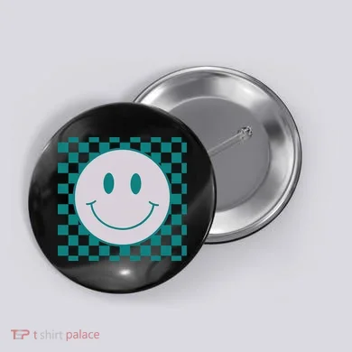 Funny Happy Face Checkered Pattern Smile Face Meme Button