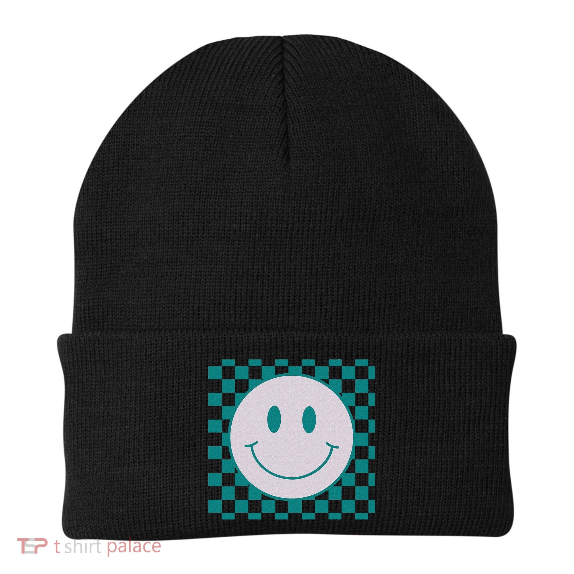Funny Happy Face Checkered Pattern Smile Face Meme Beanie