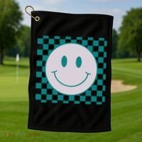 Funny Happy Face Checkered Pattern Smile Face Meme Golf Towel thumb 1
