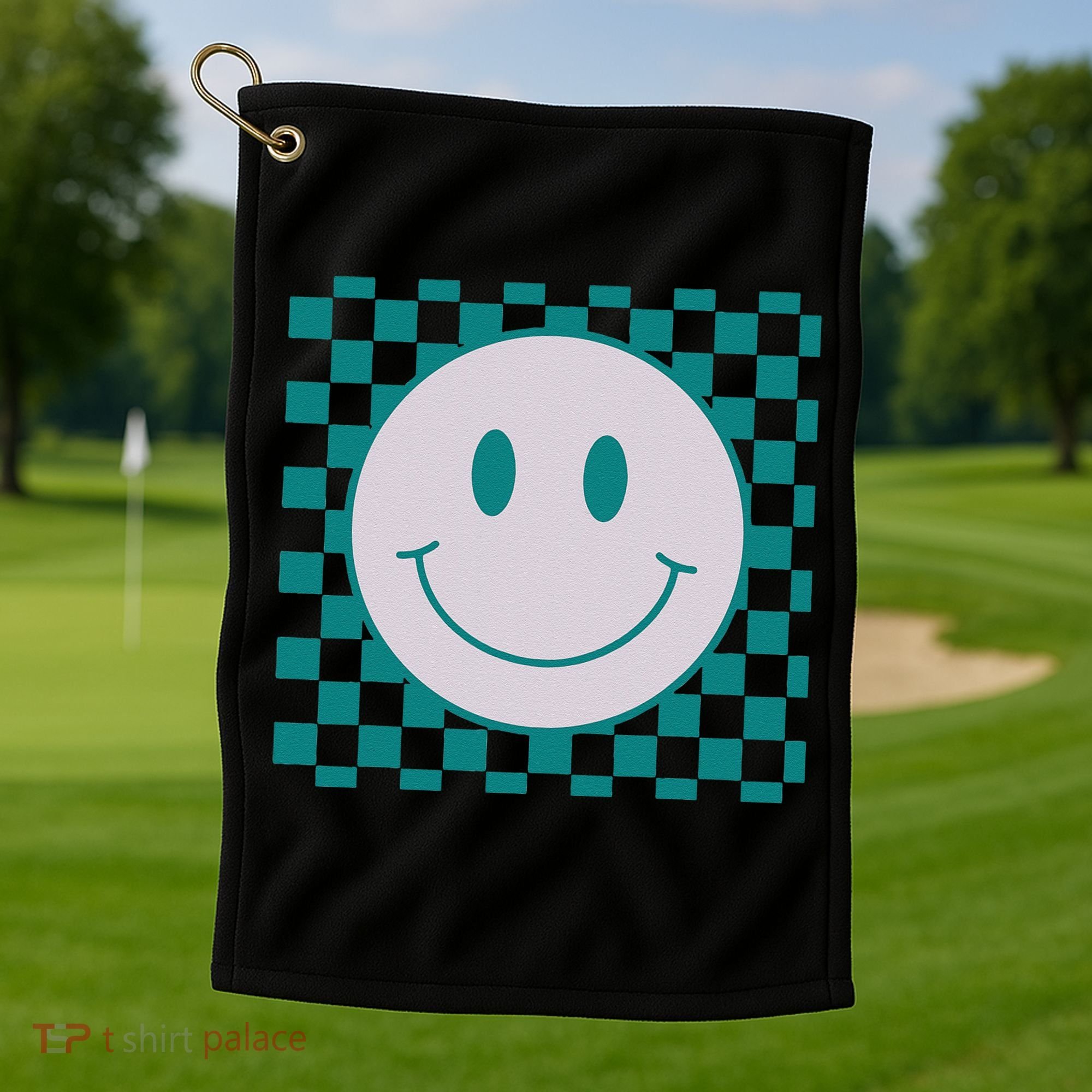 Funny Happy Face Checkered Pattern Smile Face Meme Golf Towel