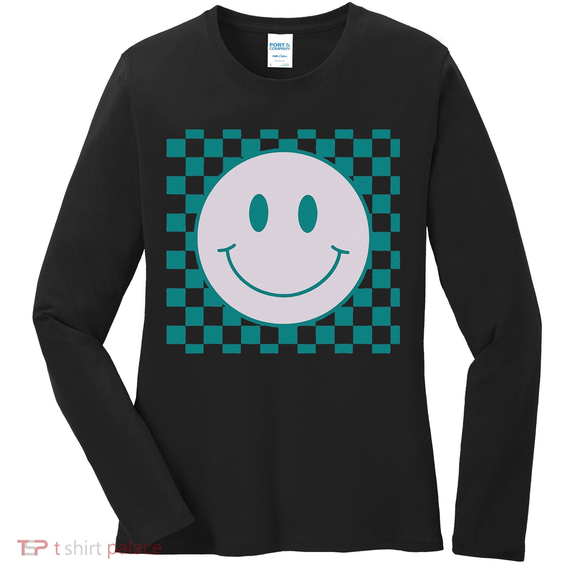 Funny Happy Face Checkered Pattern Smile Face Meme Women's Long Sleeve Shirt