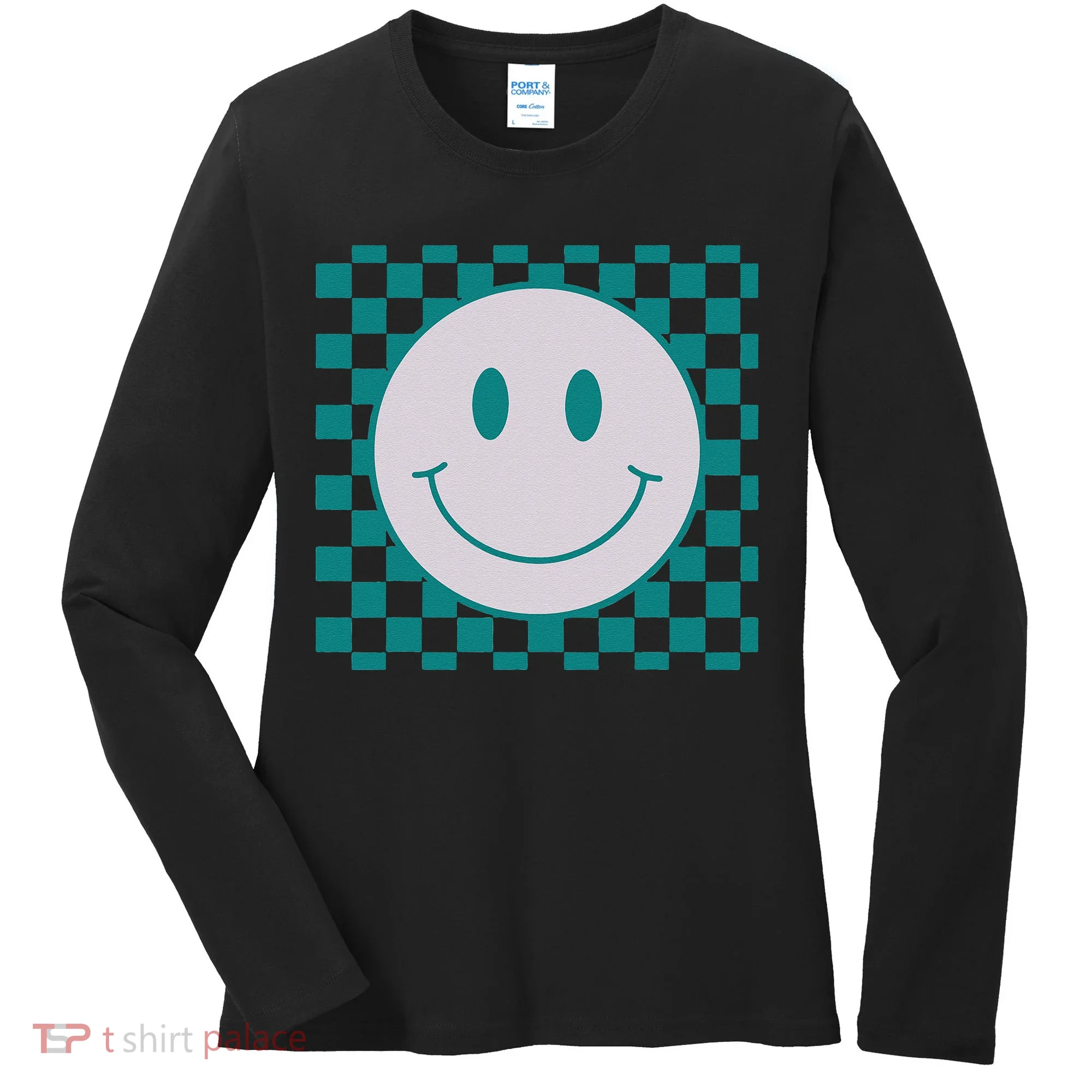 Funny Happy Face Checkered Pattern Smile Face Meme Women's Long Sleeve Shirt