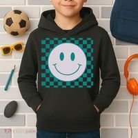 Funny Happy Face Checkered Pattern Smile Face Meme Kids Hoodie thumb 2