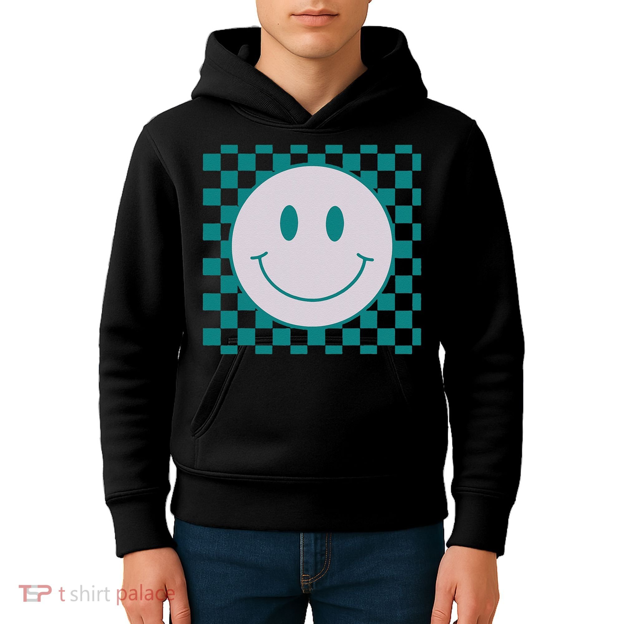 Funny Happy Face Checkered Pattern Smile Face Meme Kids Hoodie