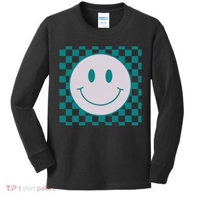 Funny Happy Face Checkered Pattern Smile Face Meme Kids Long Sleeve Shirt