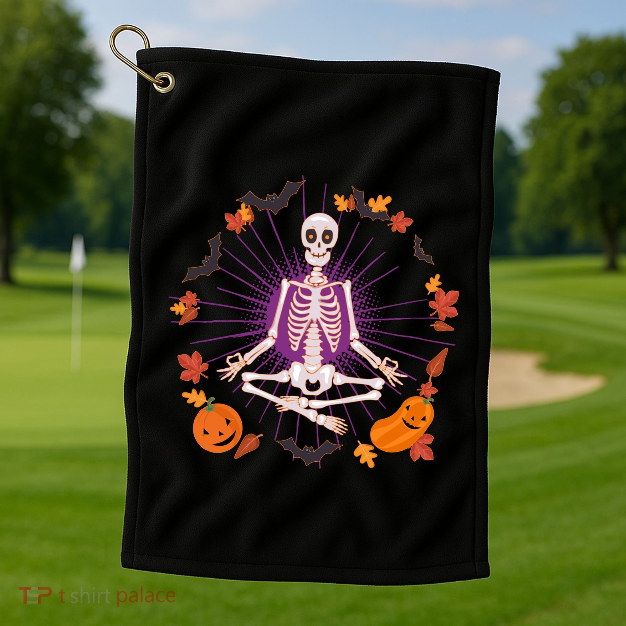 Funny Halloween Fall Autumn Namaste Yoga Skeleton Golf Towel