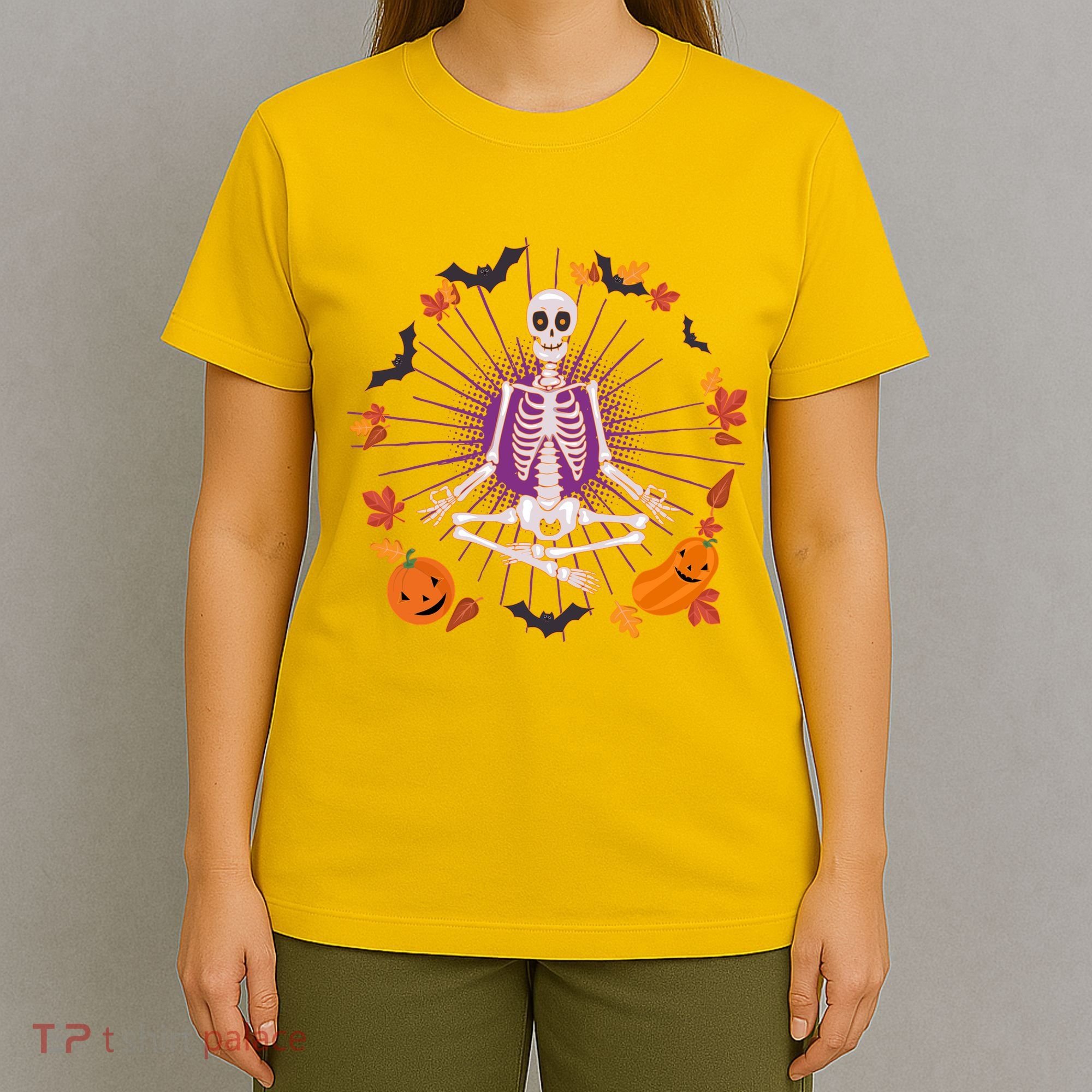 Funny Halloween Fall Autumn Namaste Yoga Skeleton T-Shirt