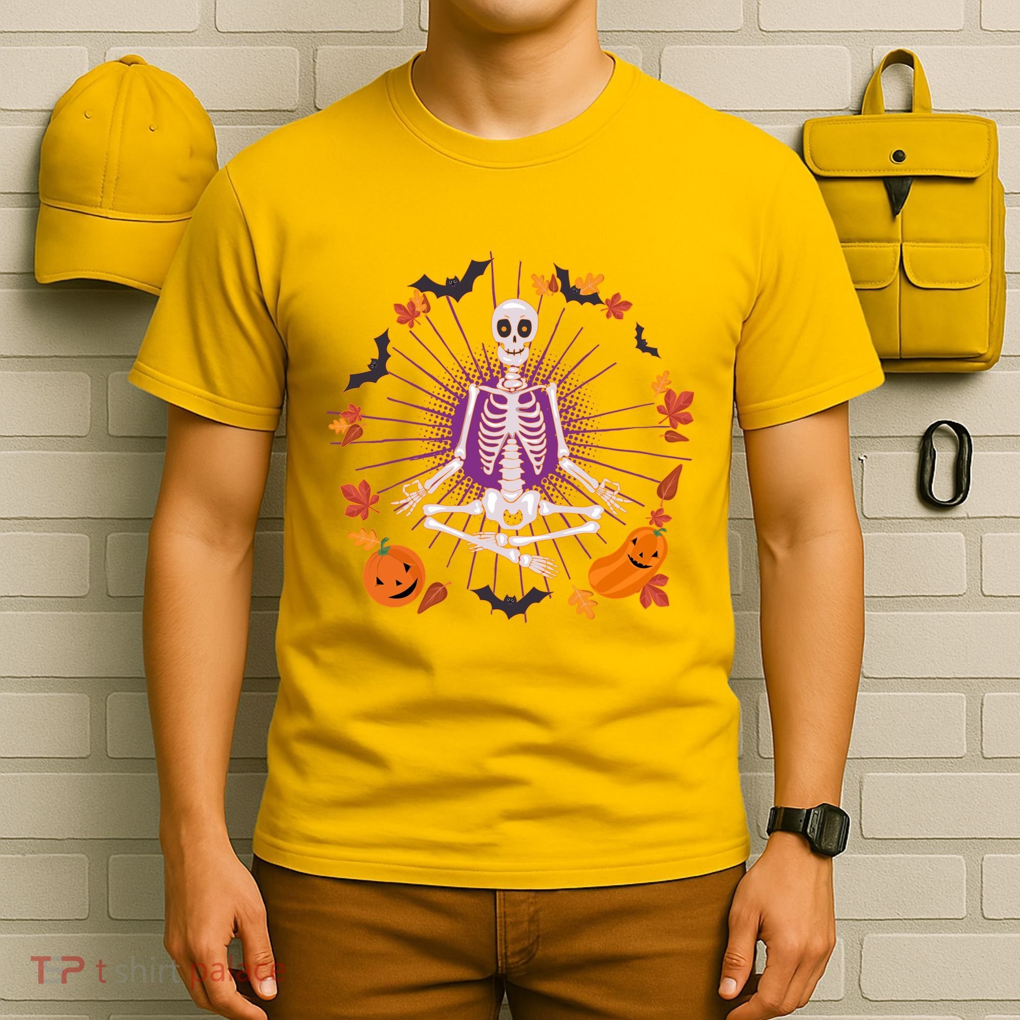 Funny Halloween Fall Autumn Namaste Yoga Skeleton T-Shirt