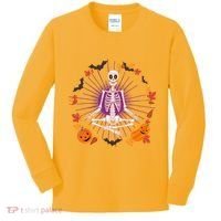 Funny Halloween Fall Autumn Namaste Yoga Skeleton Kids Long Sleeve Shirt thumb 0