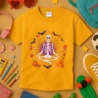 Funny Halloween Fall Autumn Namaste Yoga Skeleton Kids T-Shirt thumb 3