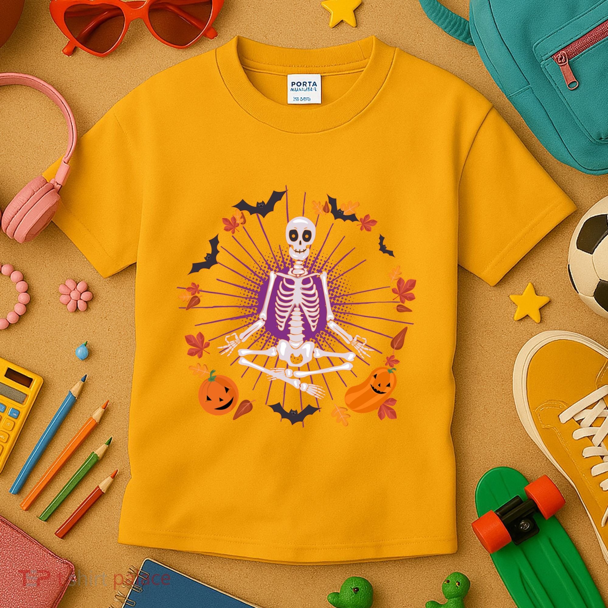 Funny Halloween Fall Autumn Namaste Yoga Skeleton Kids T-Shirt